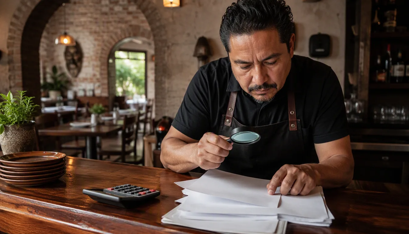 Dueño de restaurante revisando facturas de proveedores contra el inventario recibido en la bodega