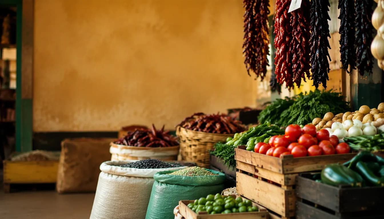 Puesto de frutas frescas en un mercado mexicano