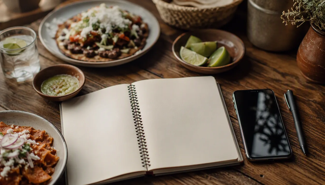 Dueño de restaurante planeando su calendario de contenidos en una libreta junto a un café