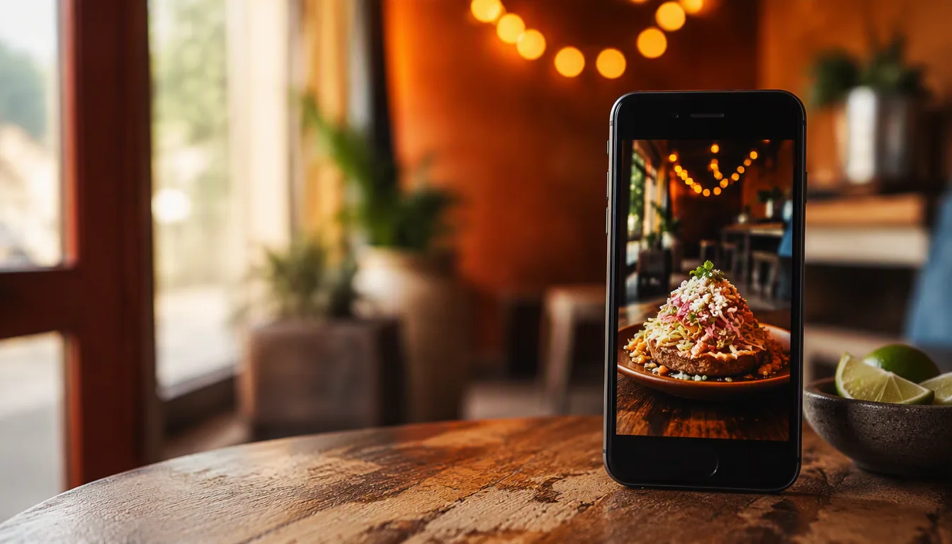 Campaña de redes sociales de un restaurante mostrada en un celular sobre una mesa con platillos
