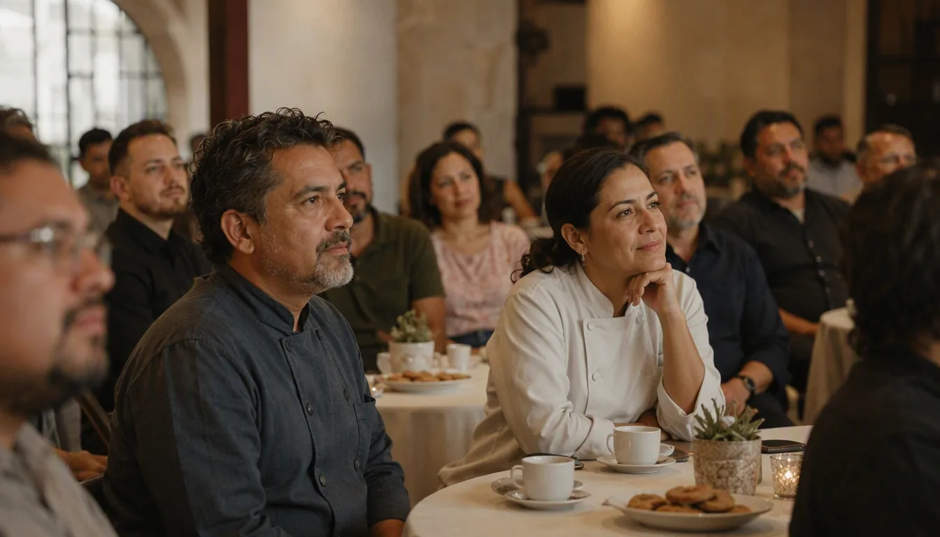 Dueños de restaurantes en una reunión de la cámara restaurantera compartiendo experiencias