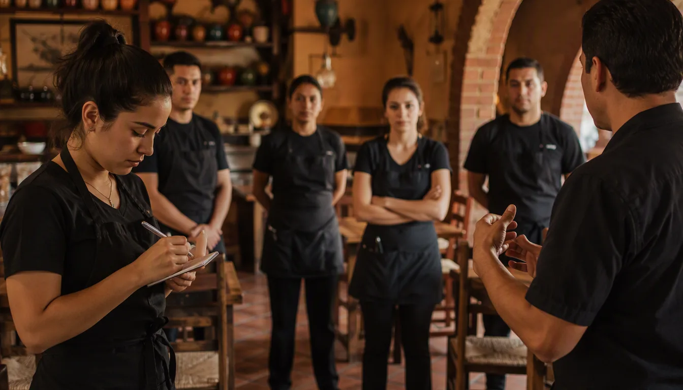 Mesera capacitando a un mesero nuevo mientras revisan el menú en un restaurante mexicano