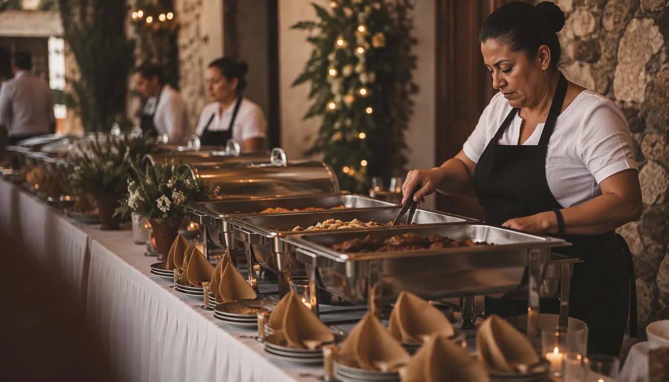 Equipo de catering montando una mesa de comida mexicana para un evento en jardín