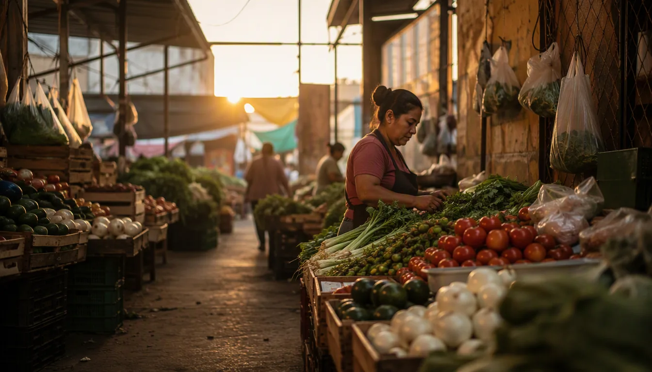 Pasillo de frutas y verduras en la Central de Abastos de la Ciudad de México al amanecer