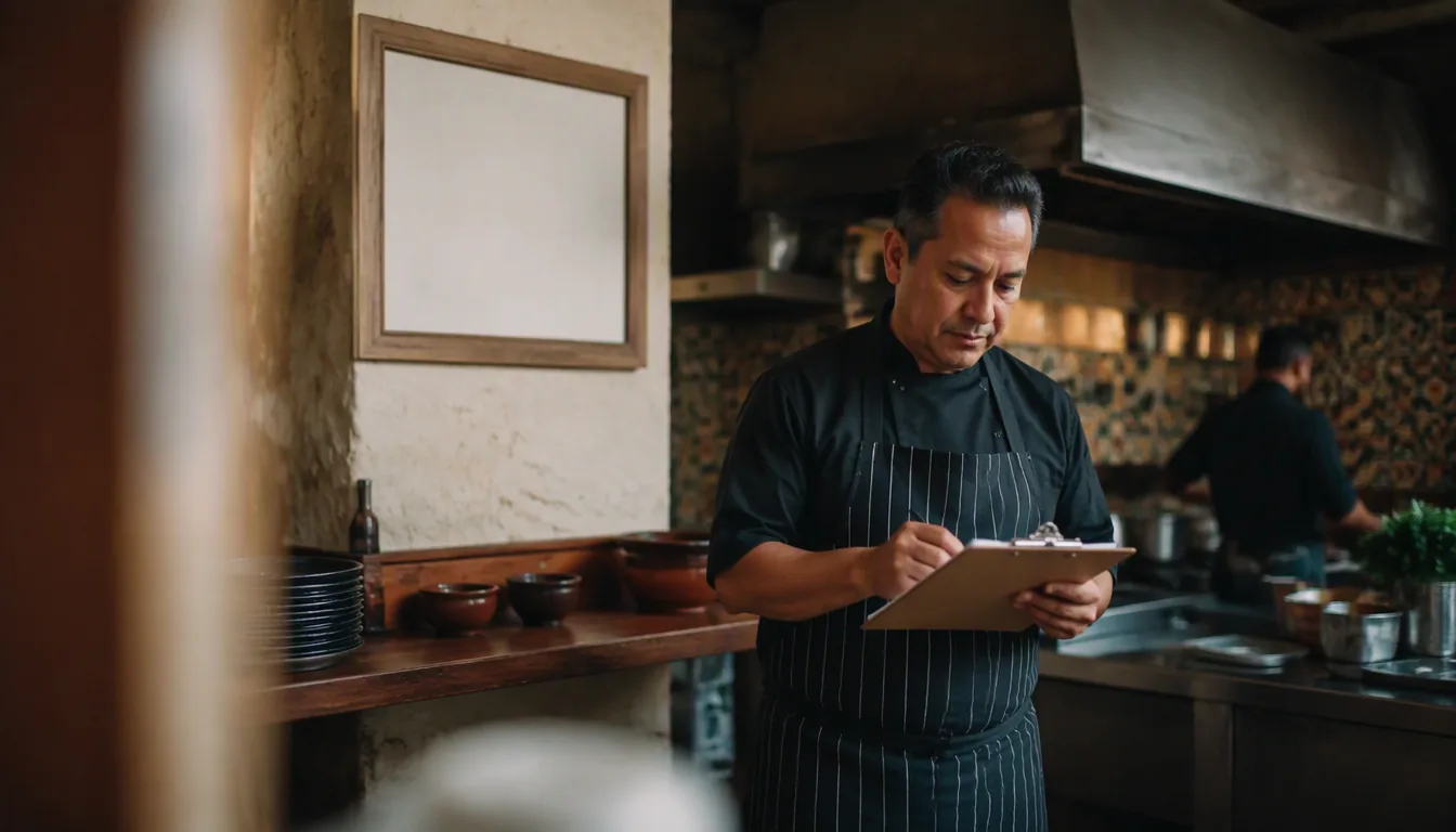 Chef mexicano revisando un checklist de higiene en la cocina de su restaurante