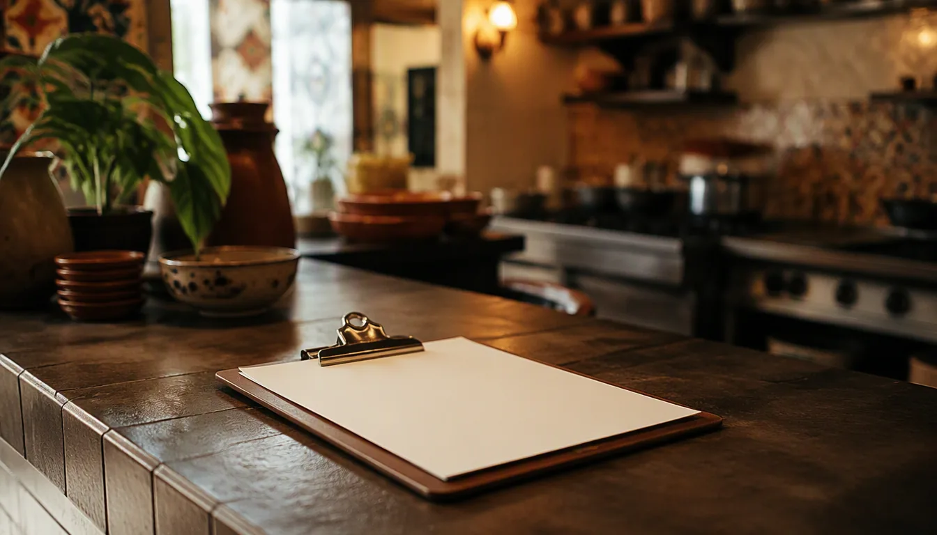 Encargado de restaurante revisando un checklist impreso al abrir la cocina por la mañana