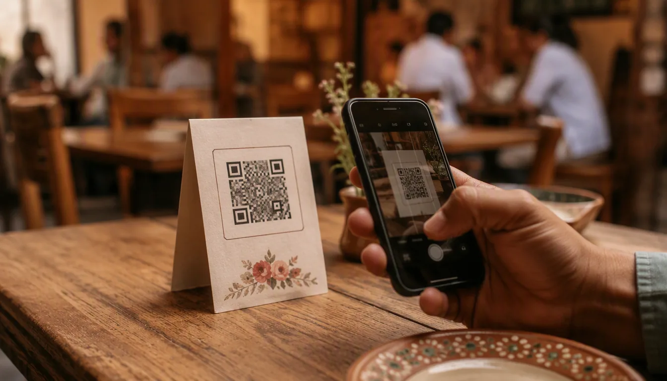 Cliente escaneando un código QR en la mesa de un restaurante mexicano con su celular