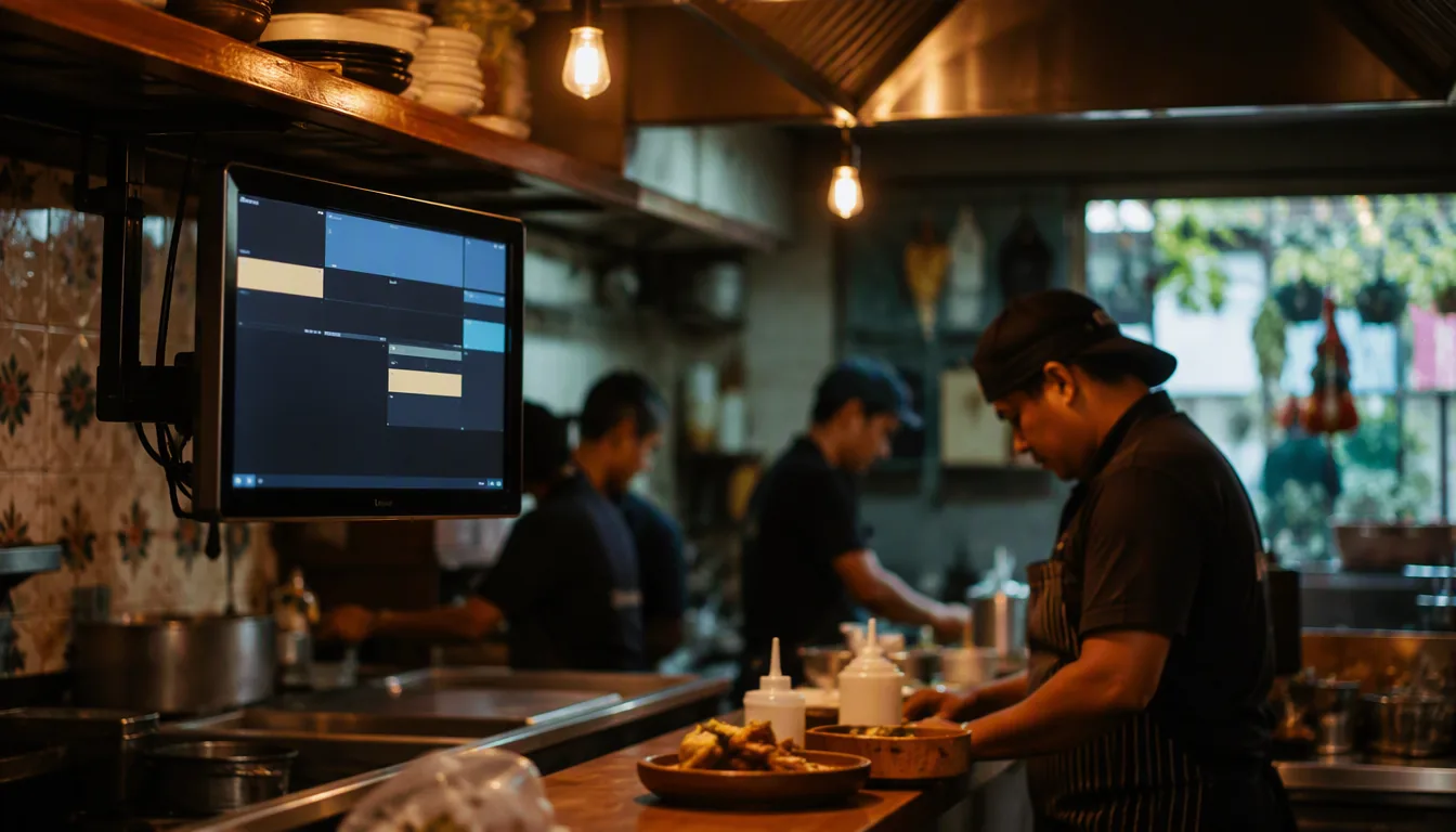 Pantalla de comandas digitales en la cocina de un restaurante con órdenes ordenadas por tiempo