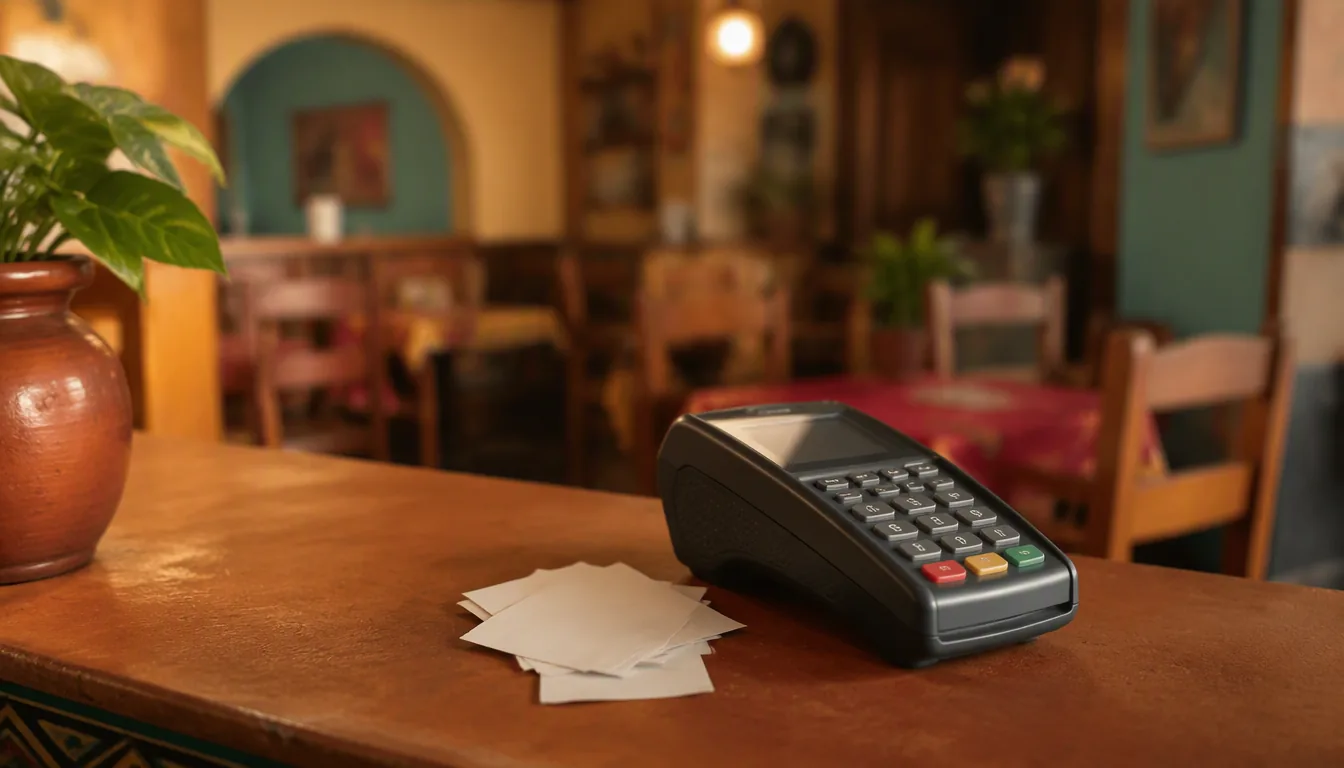 Terminal de punto de venta cobrando con tarjeta en la barra de un restaurante mexicano