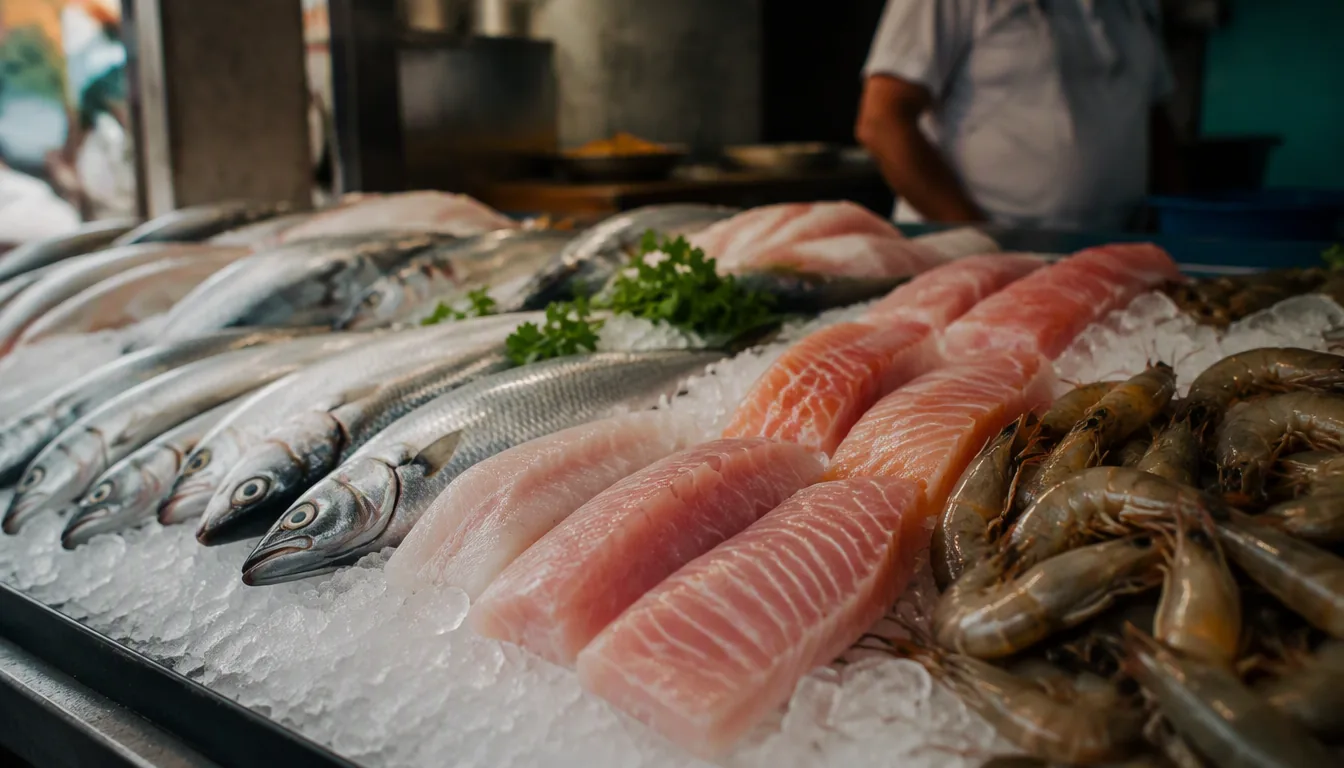 Pescado fresco entero sobre hielo siendo inspeccionado por el cocinero de una marisquería