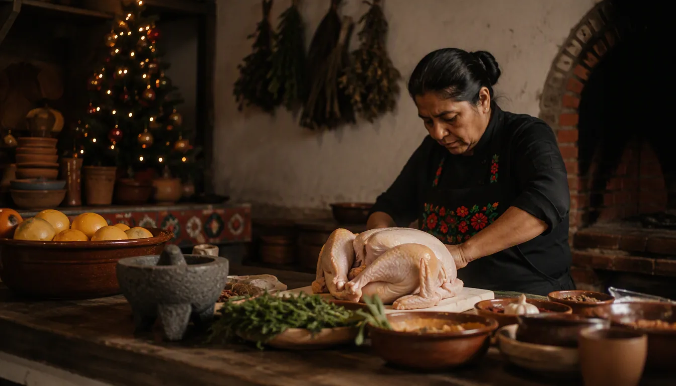 Dueño de restaurante revisando una lista de compras navideñas junto a cajas de insumos