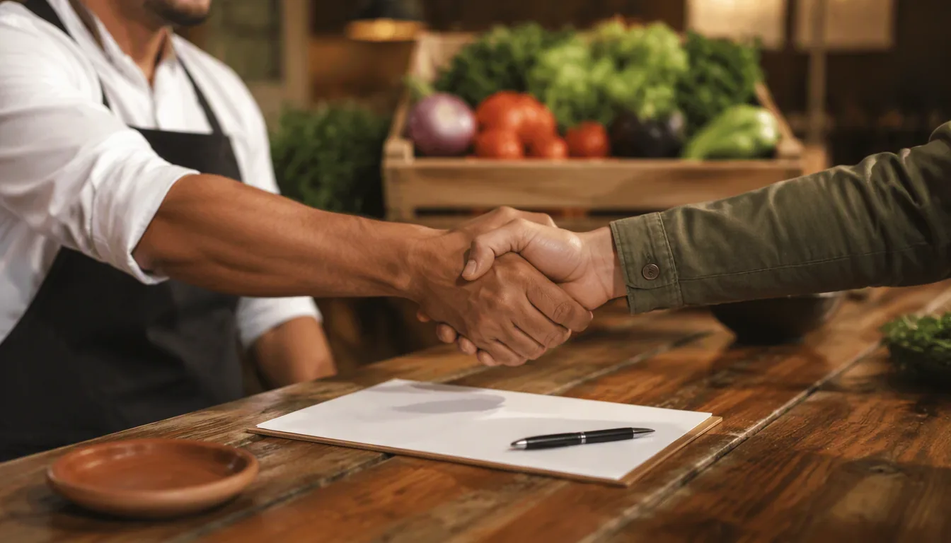 Contrato de suministro firmado sobre una mesa con cajas de insumos de restaurante al fondo