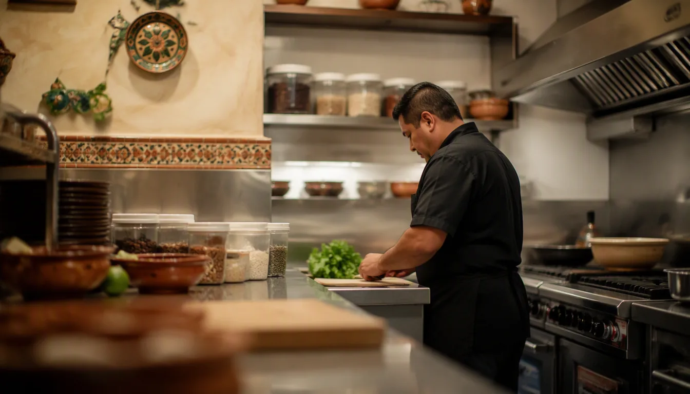 Técnico de control de plagas revisando una trampa en la cocina de un restaurante