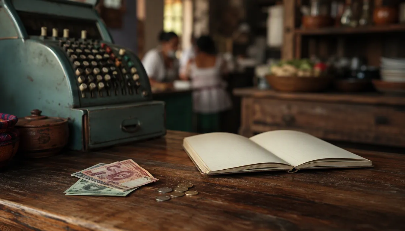 Calculadora, billetes mexicanos y reporte de ventas de un restaurante sobre una mesa de madera
