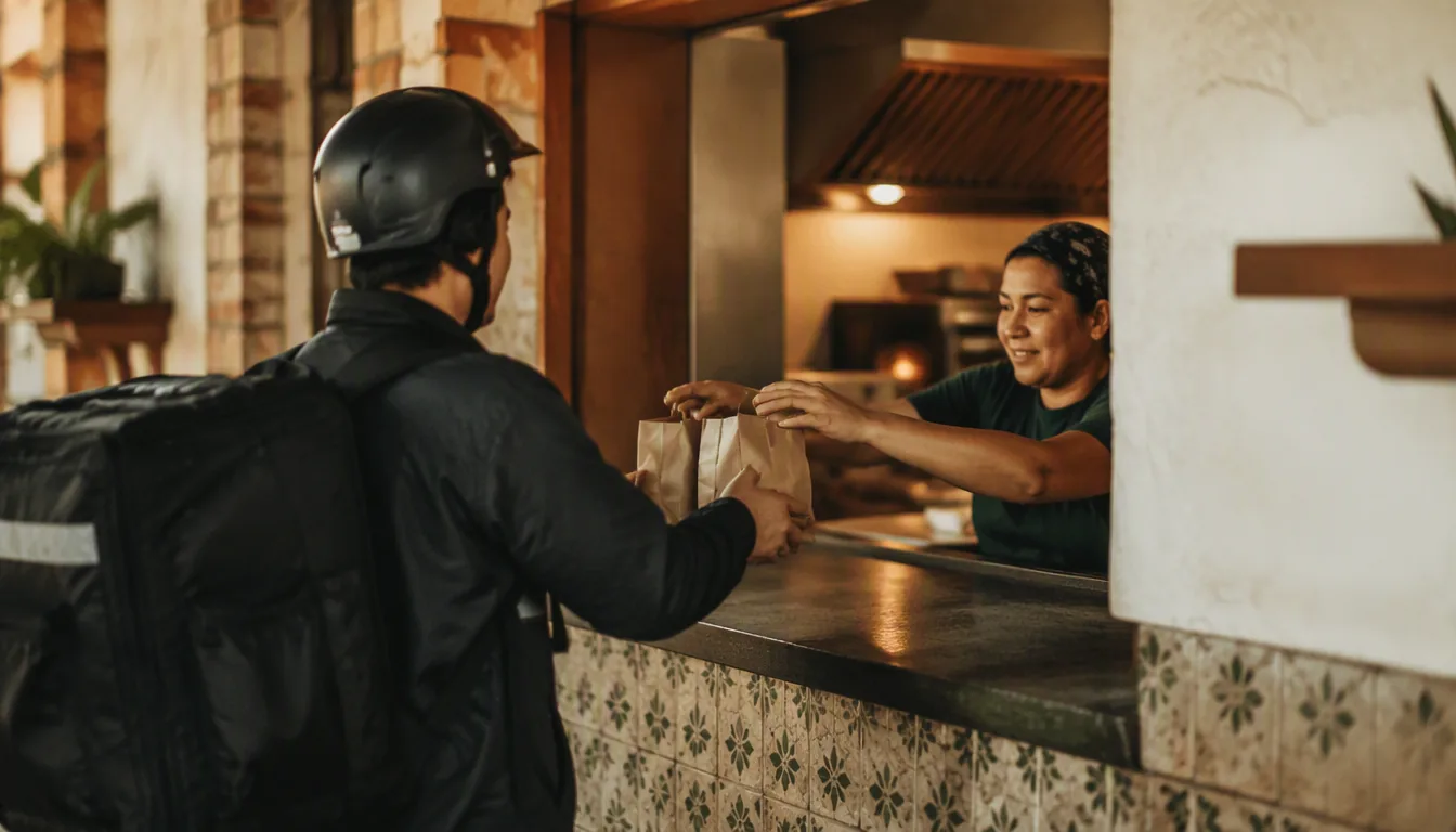 Cocina de producción para delivery en México con paquetes de comida listos para repartidor