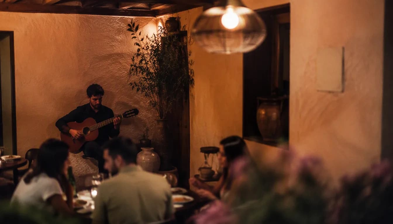 Bocina en el techo de un restaurante mexicano con clientes comiendo y ambiente musical