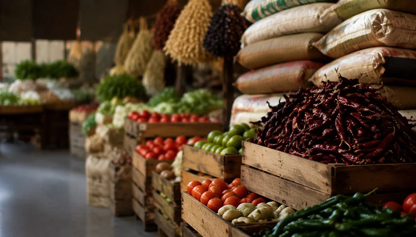 Alimentos frescos en el puesto de un mercado de mayoreo