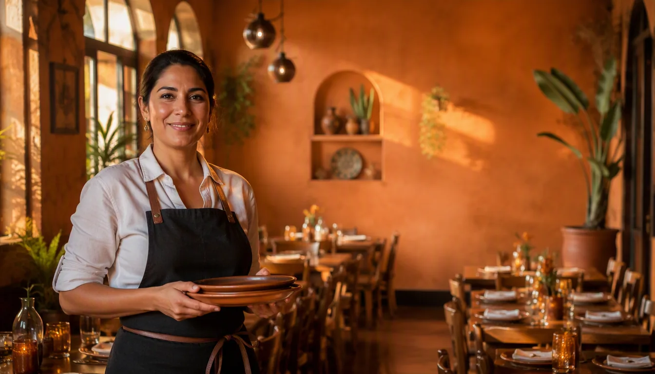 Mesa con comida y clientes en un restaurante