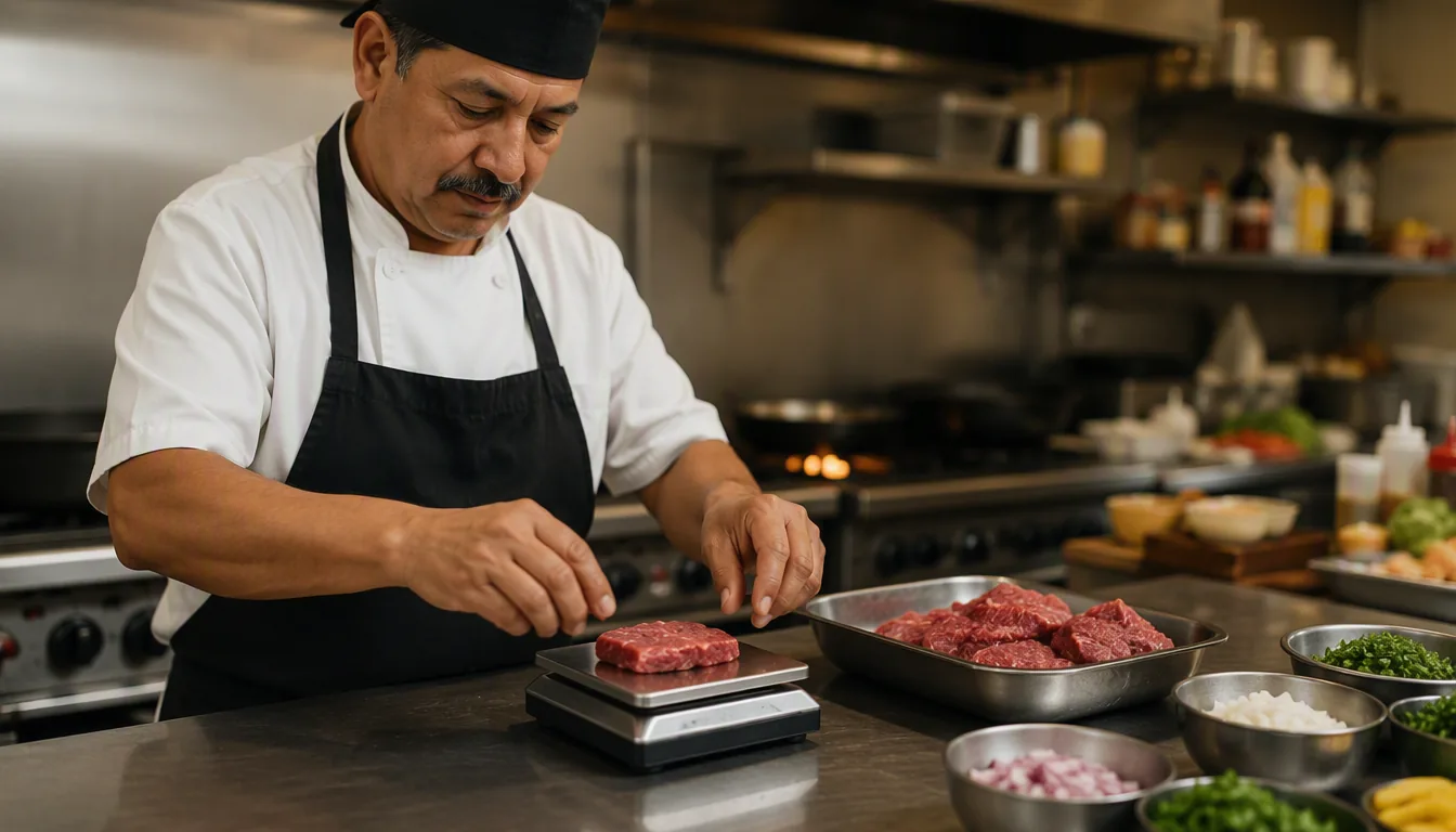 Cocinero pesando una porción de carne en báscula digital dentro de una cocina de restaurante