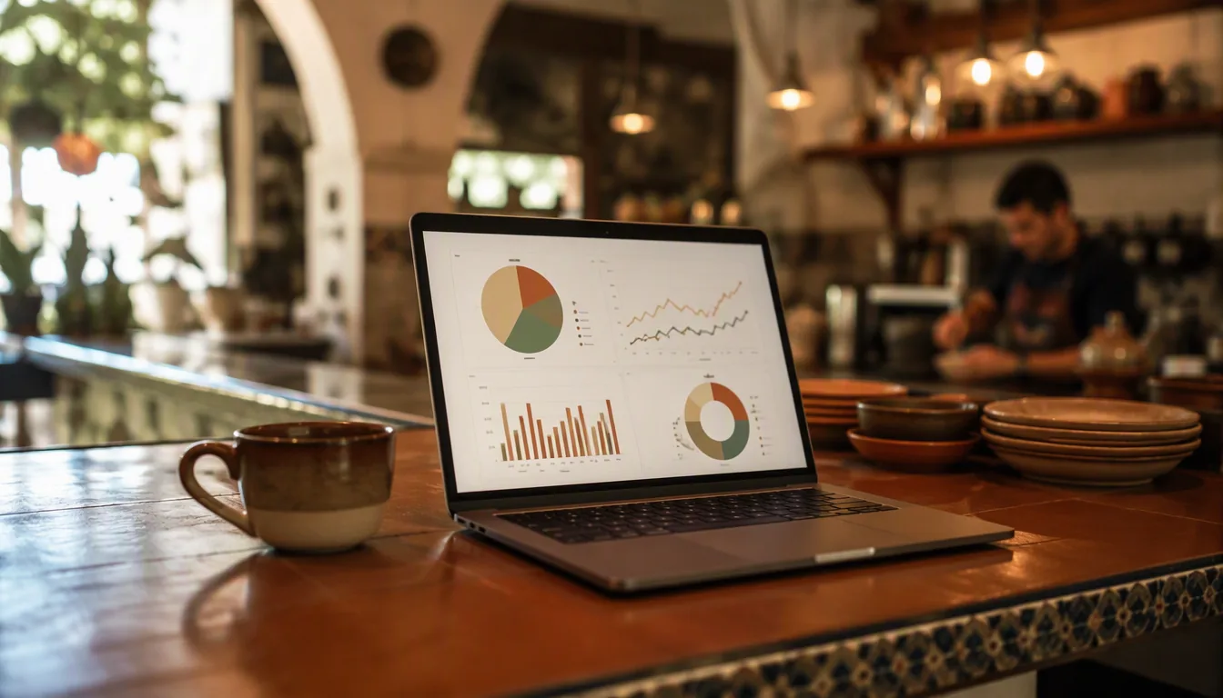 Dueño de restaurante revisando gráficas de Google Analytics en una laptop junto a su menú
