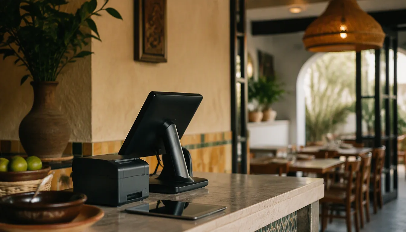 Mostrador de restaurante mexicano con terminal de punto de venta, impresora de tickets y cajón de dinero