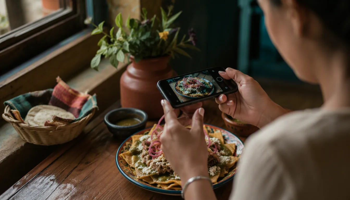 Foodie grabando con su celular un platillo en la mesa de un restaurante mexicano