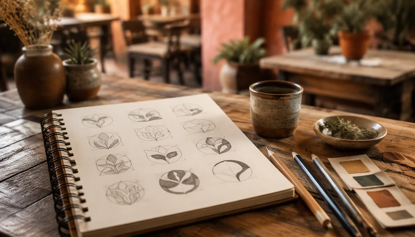 Diseñador trabajando en propuestas de logo para un restaurante sobre una mesa con bocetos