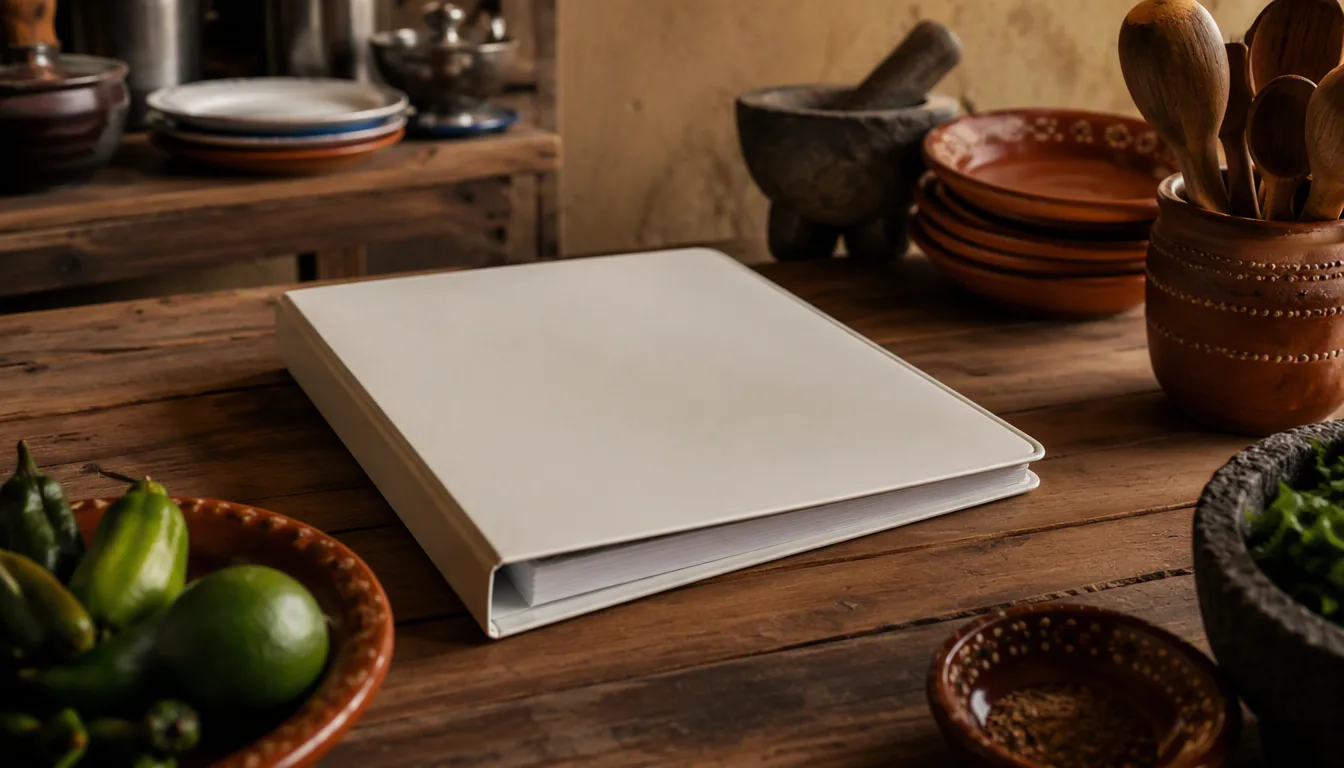 Carpeta con manual de operaciones sobre la barra de una cocina de restaurante en México
