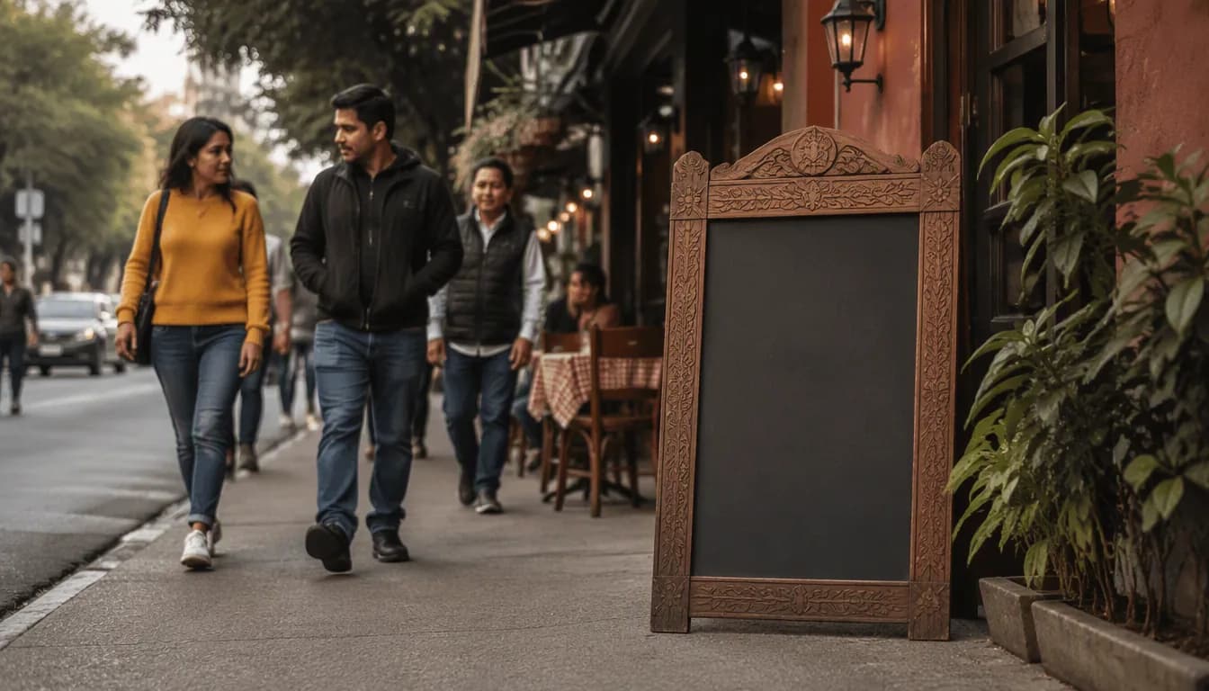 Cliente sorprendido al encontrar una promoción creativa en la banqueta frente a un restaurante