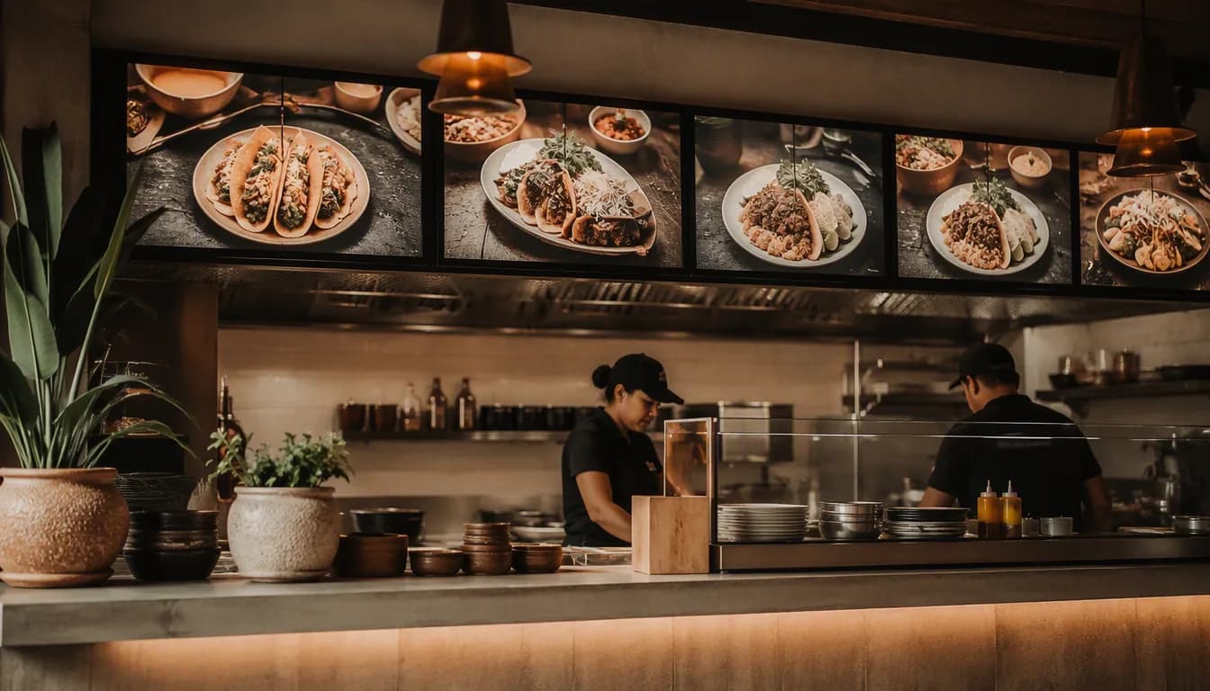 Menú digital en pantalla sobre el mostrador de un restaurante mexicano mostrando platillos con precios