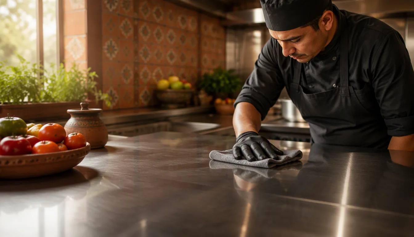Cocina de trabajo limpia y ordenada lista para preparar alimentos