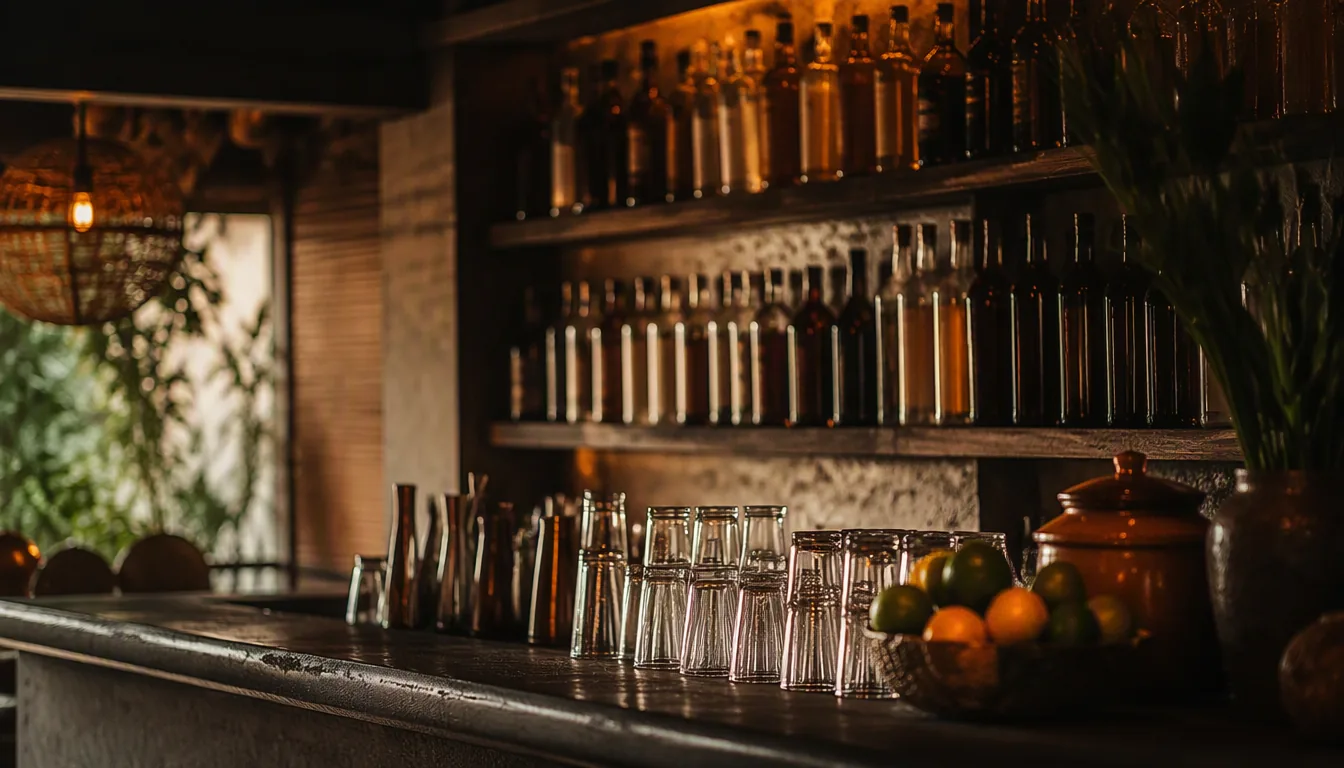 Bartender organizando botellas y jiggers en la barra de bebidas de un restaurante mexicano