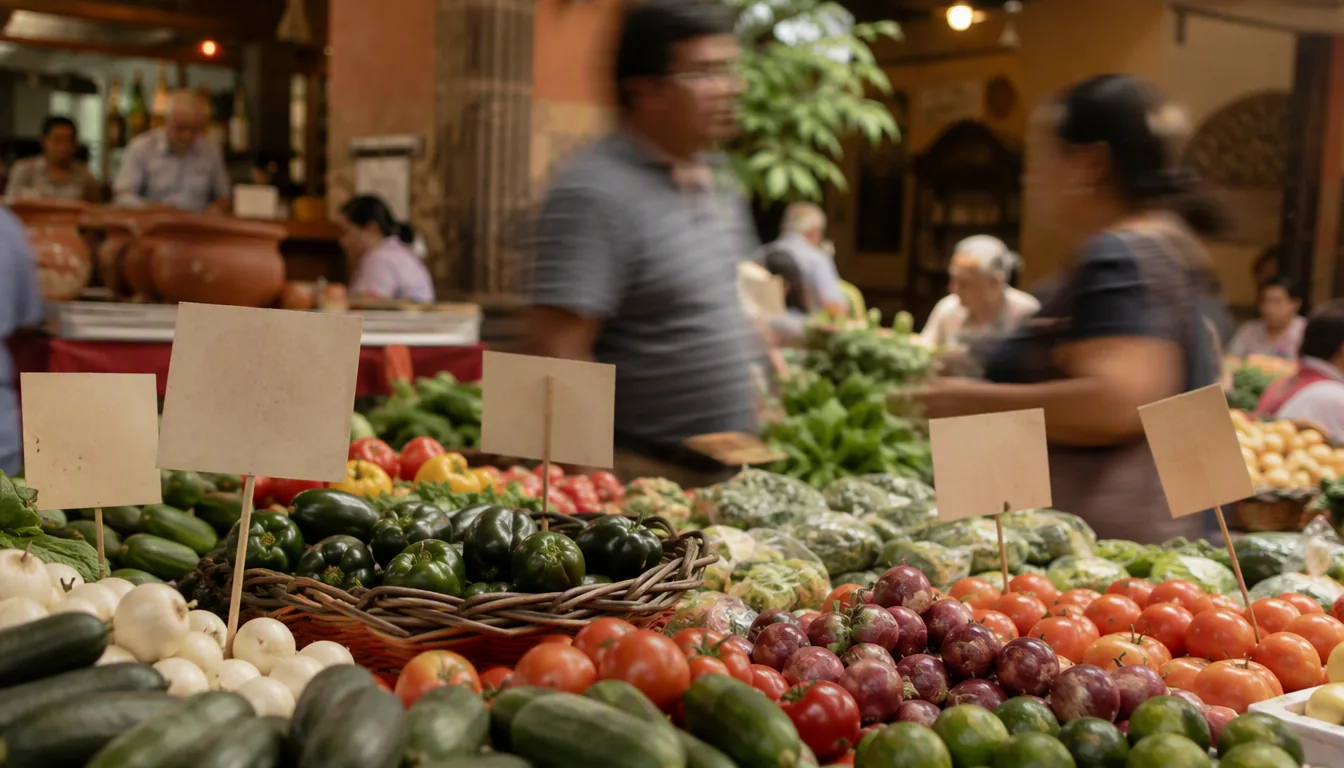 Mercado de abastos mexicano con cajas de verduras, proteínas y granos para restaurantes