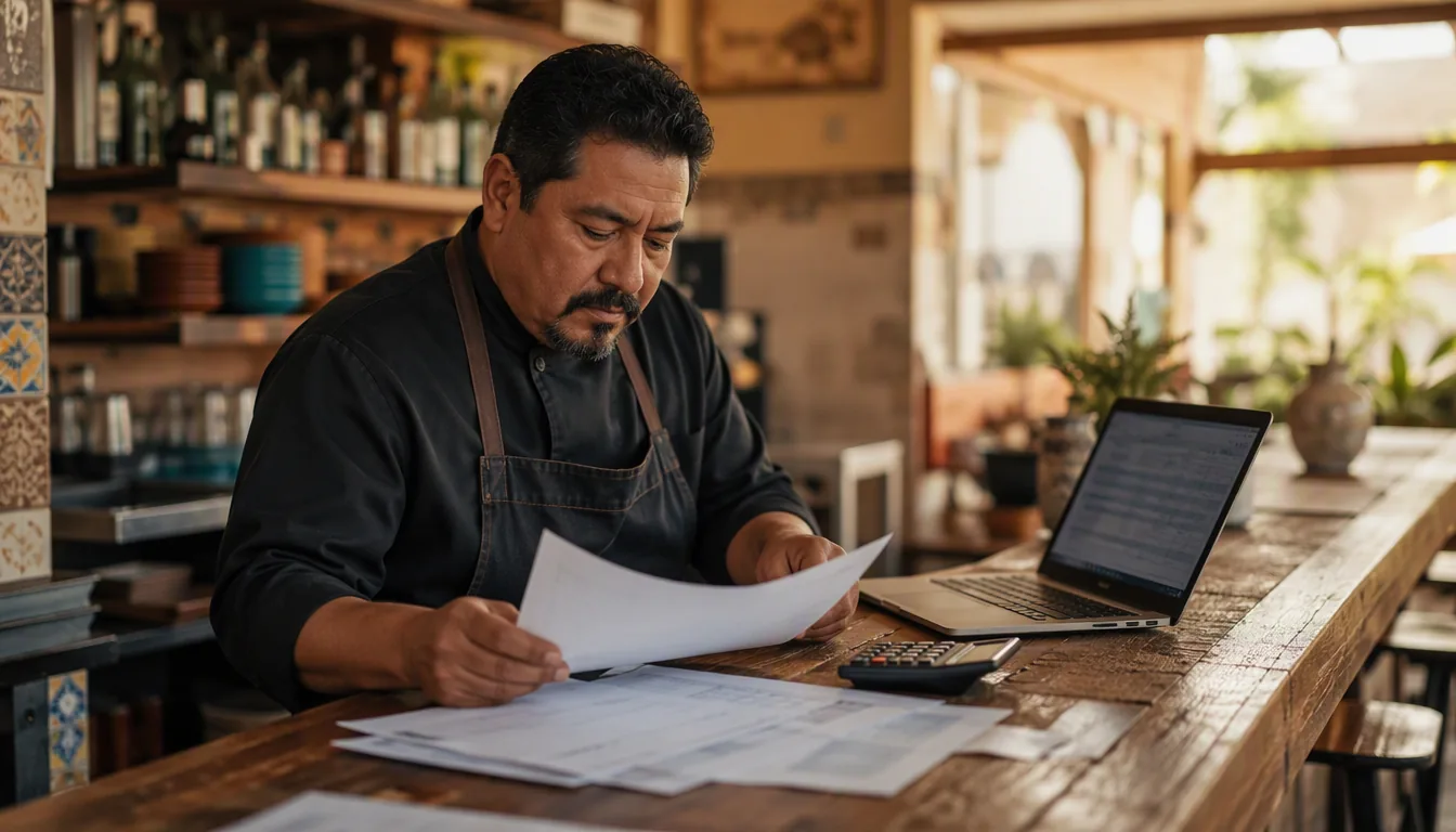 Dueño de restaurante revisando su presupuesto anual en una hoja de cálculo con calculadora y recibos