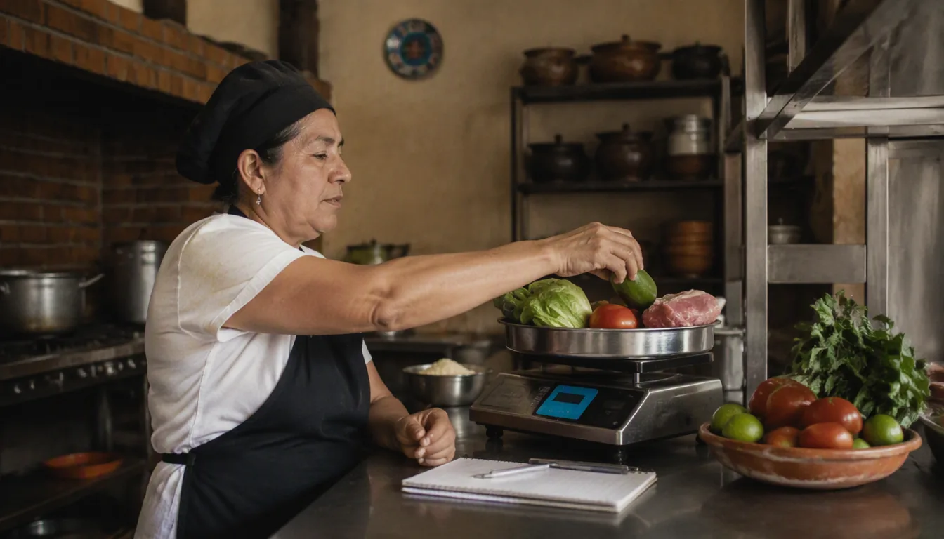 Calculadora, tickets y platillo de restaurante sobre una mesa, representando el cálculo del prime cost