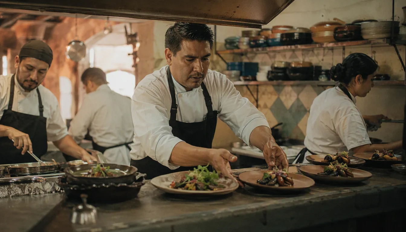Cocina de restaurante mexicano en pleno servicio con cocineros en sus estaciones