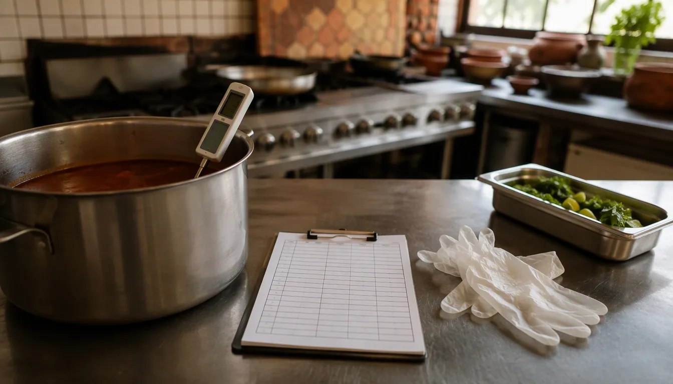 Cocinero de restaurante midiendo la temperatura de un platillo con termómetro durante el servicio