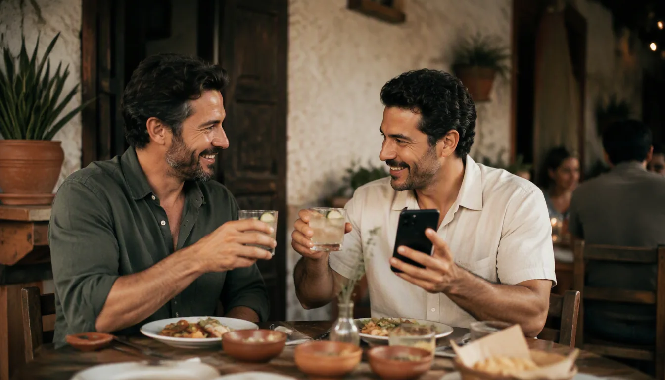 Dos amigas compartiendo la mesa de un restaurante mientras una le muestra el celular a la otra