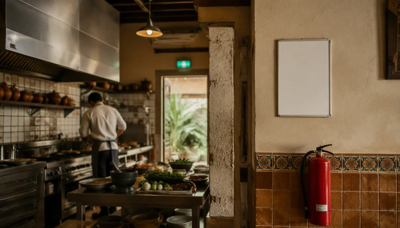 Encargado de restaurante revisando la carga de un extintor junto a la salida de emergencia del local