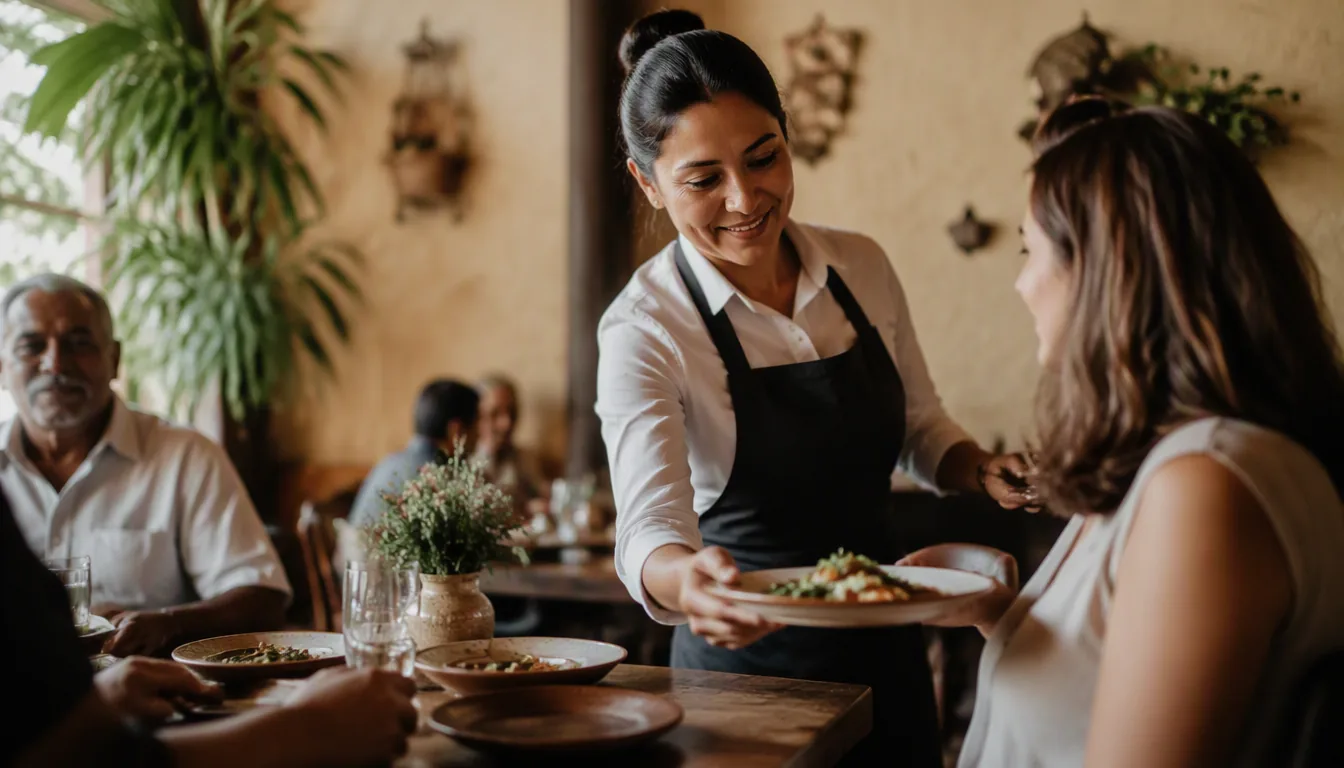 Mesera de restaurante saludando con una sonrisa a una familia que entra al local