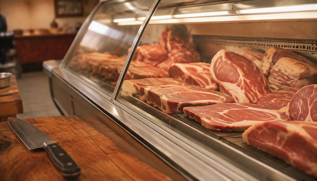 Cortes de carne fresca siendo inspeccionados por un dueño de restaurante junto a su proveedor