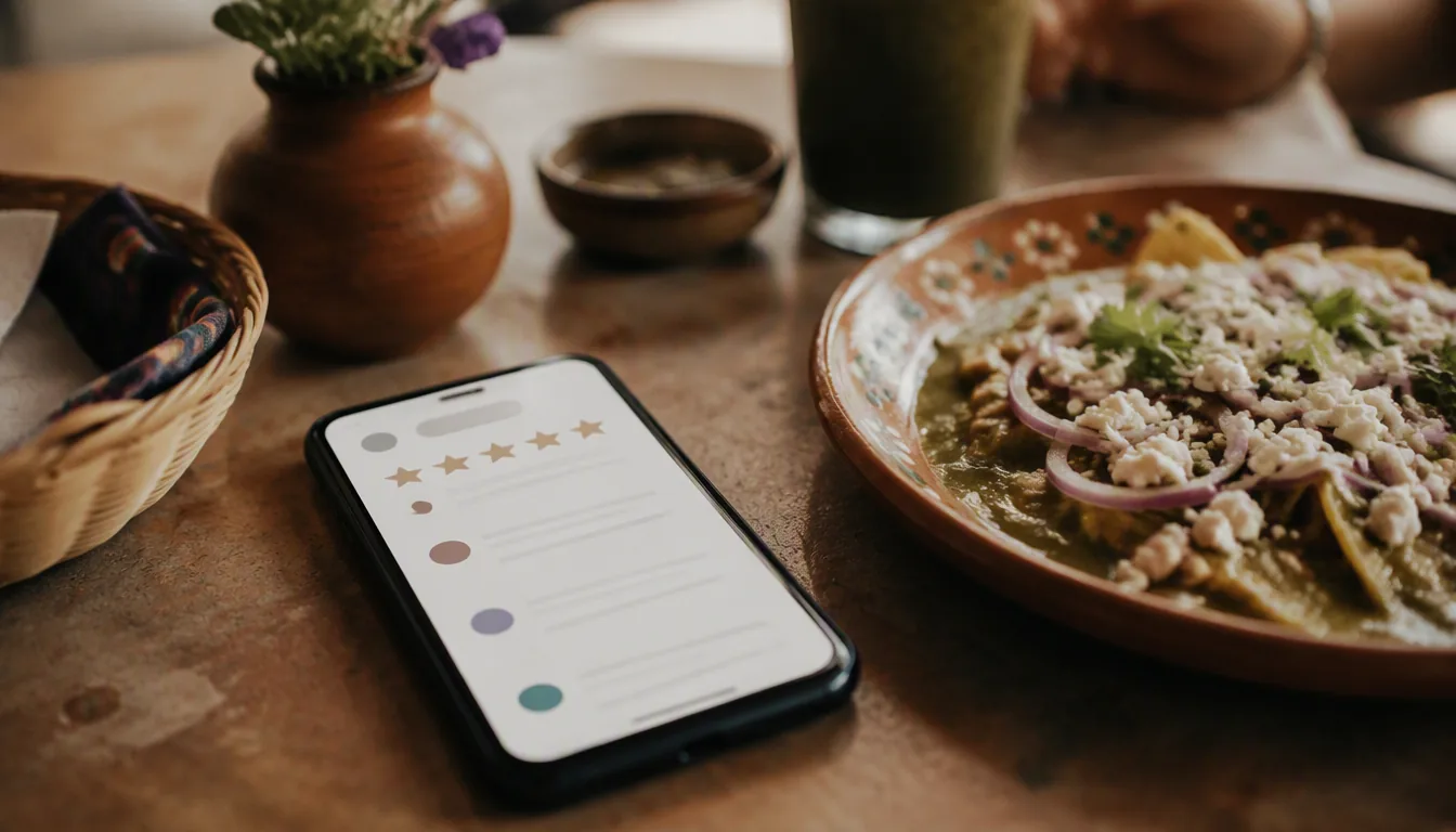 Dueño de restaurante revisando reseñas de clientes en una tablet al frente de su local