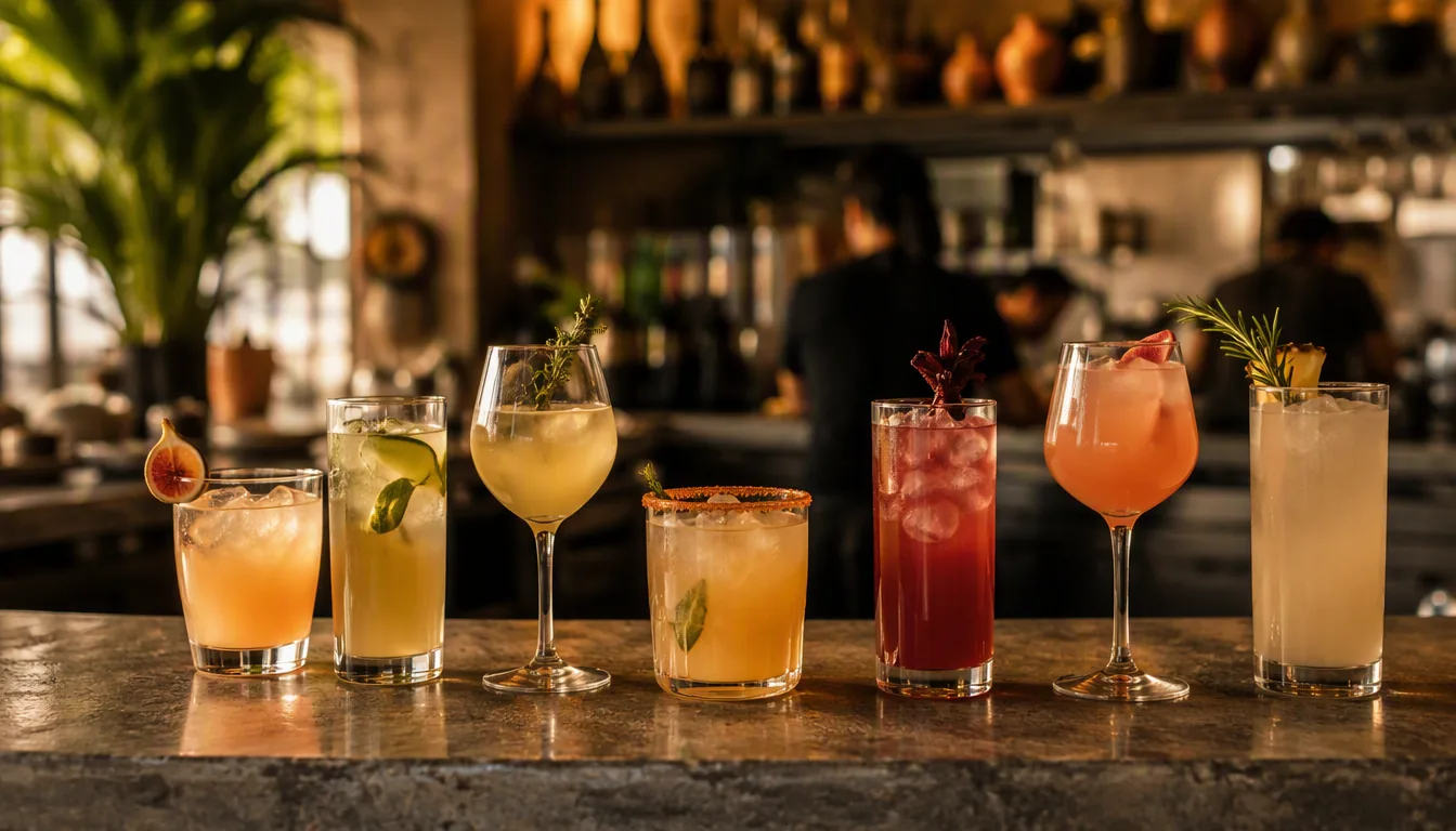 Barra de restaurante mexicano con bebidas de colores naturales: aguas frescas, cócteles sin alcohol y café de especialidad