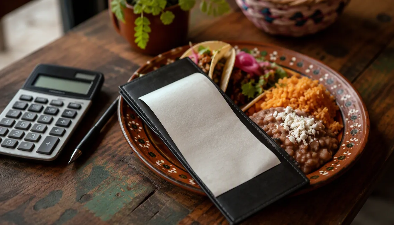 Mesero de restaurante mexicano entregando la cuenta a una mesa con platos y bebidas