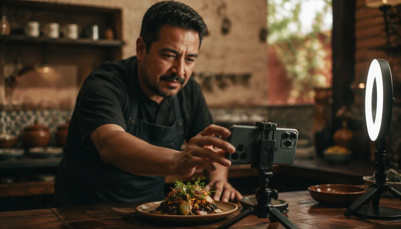 Cocinero de restaurante grabando un video vertical de tacos al pastor con un celular