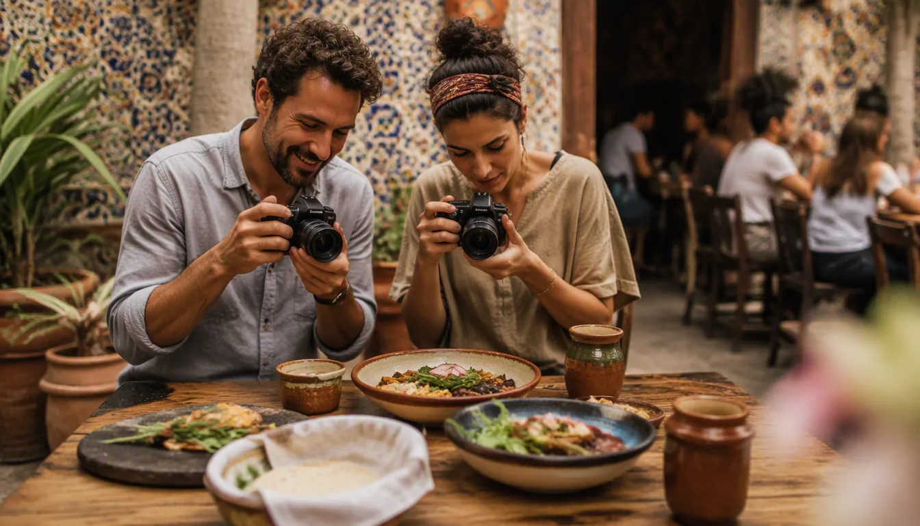 Turistas compartiendo una mesa de antojitos mexicanos en un mercado gastronómico