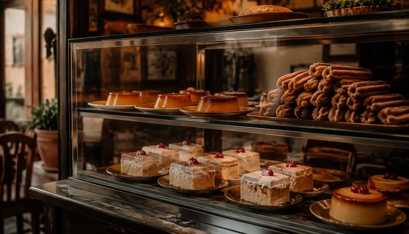 Mesero ofreciendo una charola de postres a una mesa de comensales en un restaurante