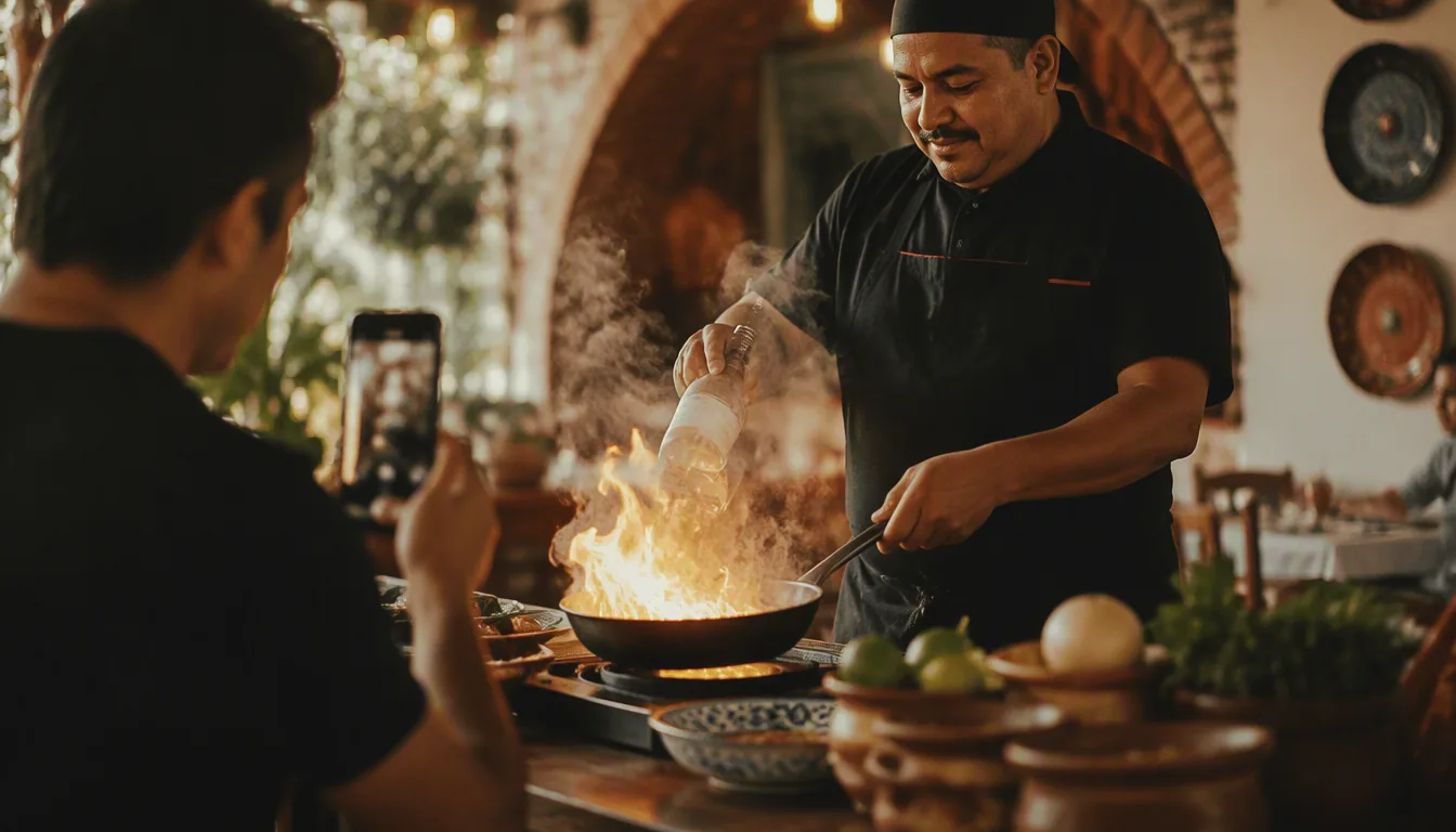 Cocinero grabando con un celular el platillo estrella del restaurante mientras sale humeante de la cocina