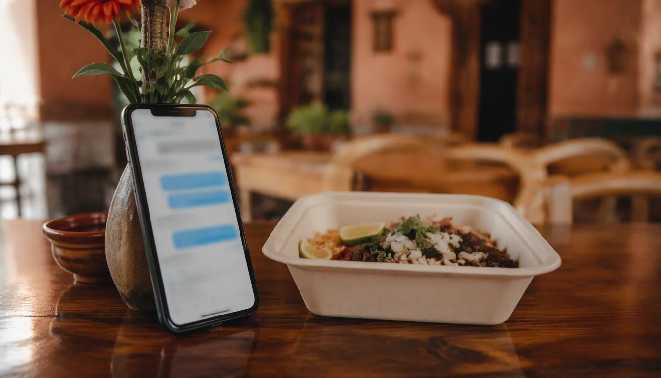 Dueña de restaurante contestando pedidos de WhatsApp Business en su celular junto a la caja