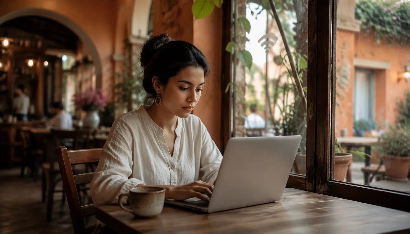 Cliente de restaurante conectándose al WiFi del local desde su celular mientras come